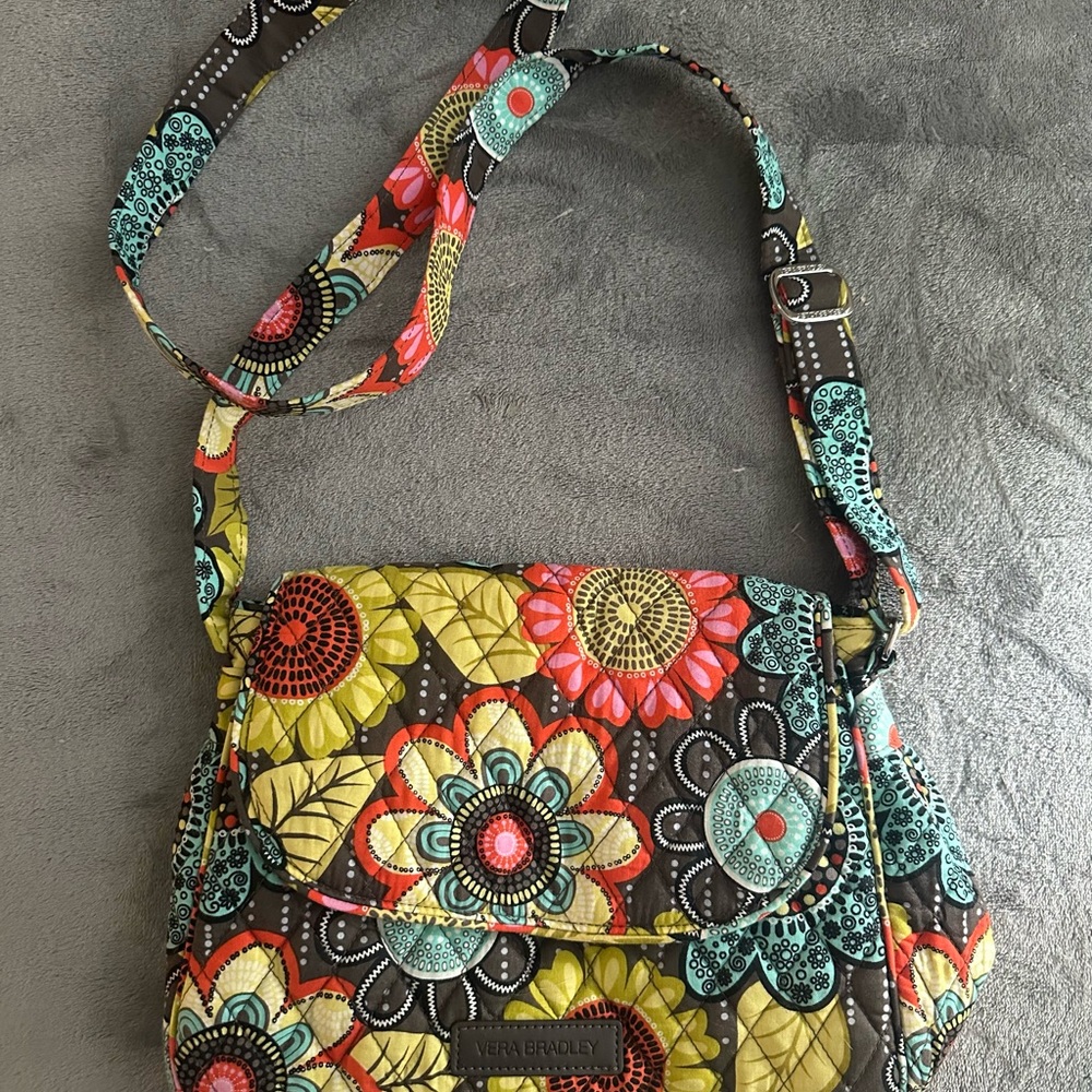 Vera Bradley Brown and Yellow Crossbody Bag with Embroidered Patterns